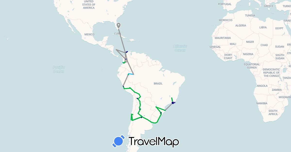 TravelMap itinerary: driving, bus, plane, hiking, boat, hitchhiking in Argentina, Bolivia, Brazil, Chile, Colombia, Peru, Paraguay, United States, Uruguay (North America, South America)