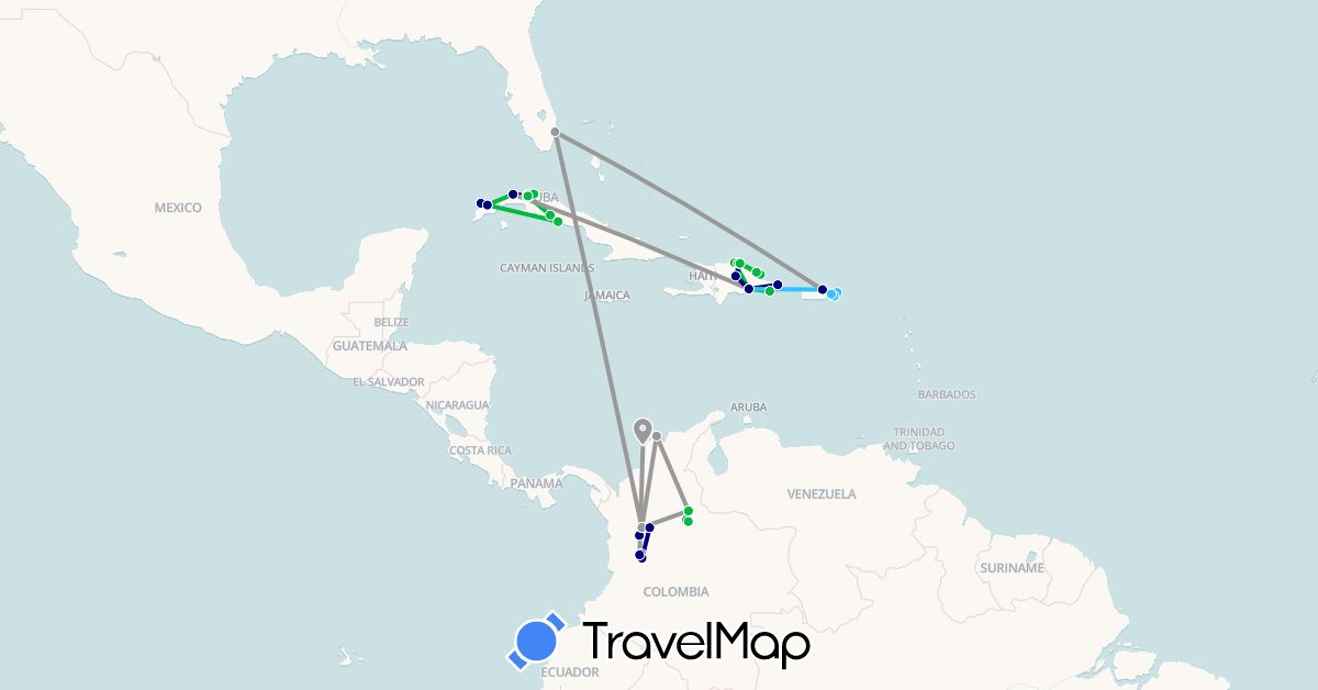 TravelMap itinerary: driving, bus, plane, boat in Colombia, Cuba, Dominican Republic, Puerto Rico, United States (North America, South America)